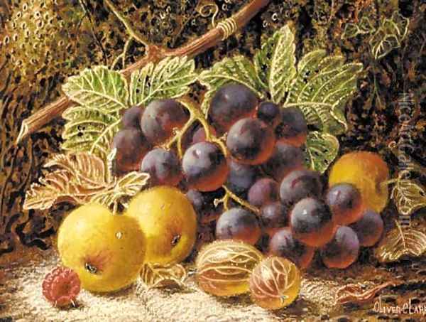 Grapes, apples, gooseberries and a raspberry on a mossy bank Oil Painting - Oliver Clare
