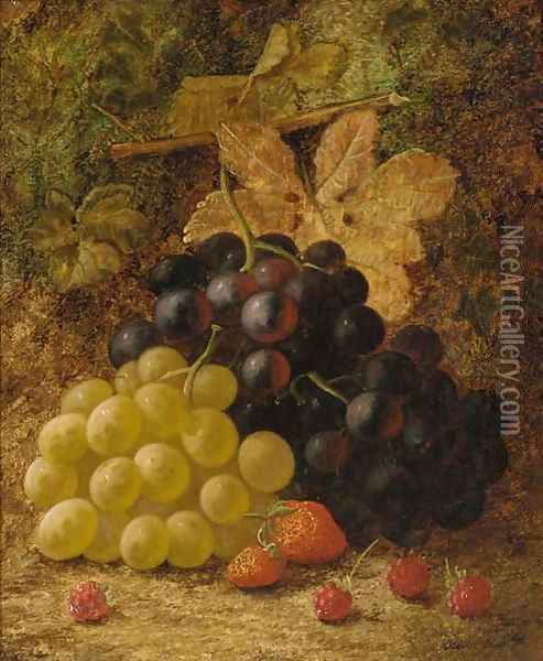 Grapes, raspberries, and strawberries, on a mossy bank Oil Painting - Oliver Clare