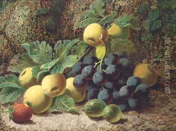 Still life of grapes, apples, gooseberries and a strawberry Oil Painting - Oliver Clare