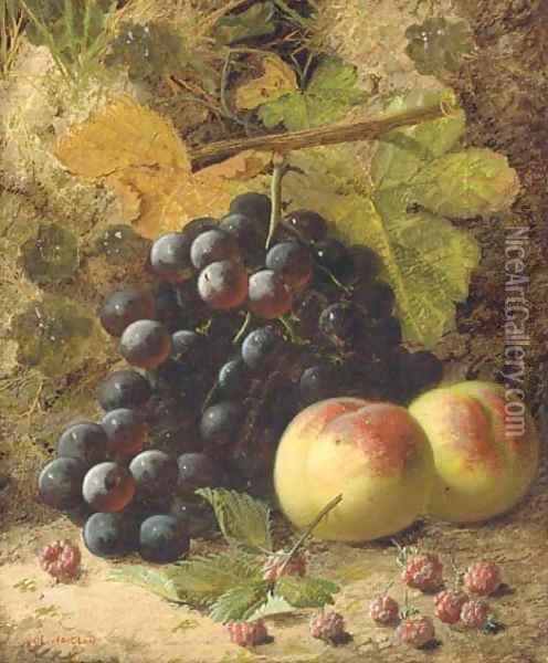 Peaches, grapes and raspberries on a mossy bank Oil Painting - Oliver Clare