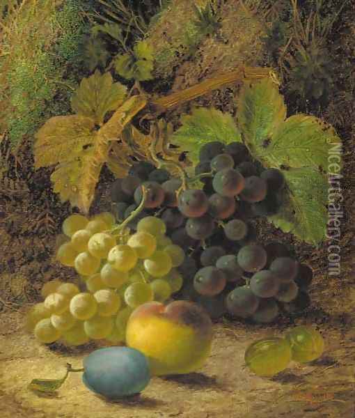 Grapes, gooseberries, a plum and a peach on a mossy bank Oil Painting - Oliver Clare