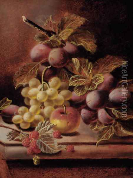Plums, raspberries, grapes, and an apple on a ledge Oil Painting - Oliver Clare