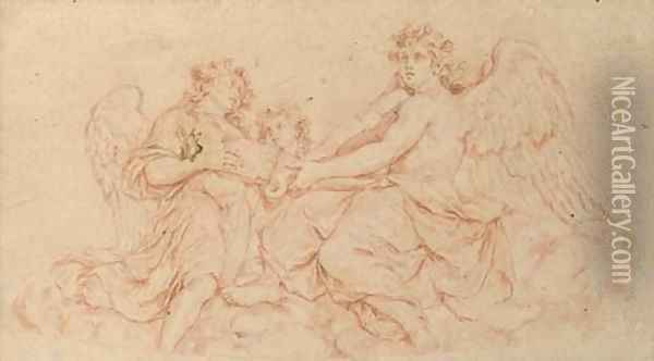Three music-making angels seated on a cloud Oil Painting - Charles-Nicolas I Cochin