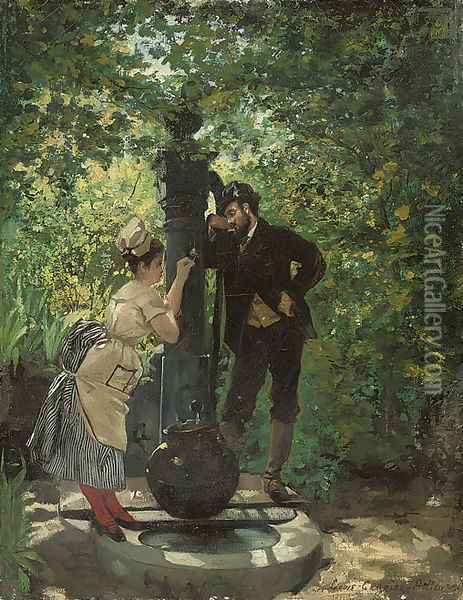 A rendezvous at the well Oil Painting - Louis Robert Carrier-Belleuse