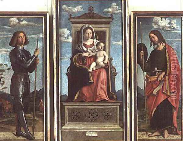 Madonna and Child with St. George and St. James, c.1510 Oil Painting - Giovanni Battista Cima da Conegliano