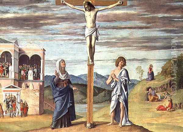 Christ on the Cross with the Virgin and St. John the Evangelist Oil Painting - Giovanni Battista Cima da Conegliano