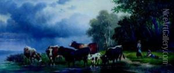 De Jonge Koeherders Aan Dewaterkant Oil Painting - Louis Welden Hawkins