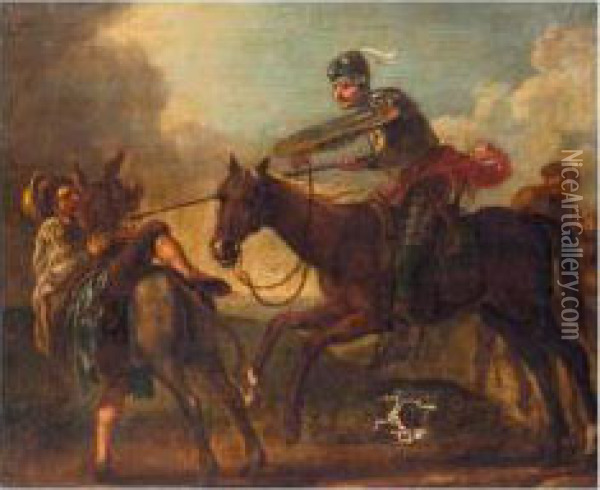 Don Quixote Attacking The Barber
 To Capture The Basin; Don Quixote Disputing With The Mad Cardenio; And 
Don Quixote Tilting With The Toledo Merchant Oil Painting - Francis Hayman