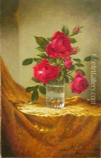 Glass Of Roses On Gold Cloth Oil Painting - Martin Johnson Heade