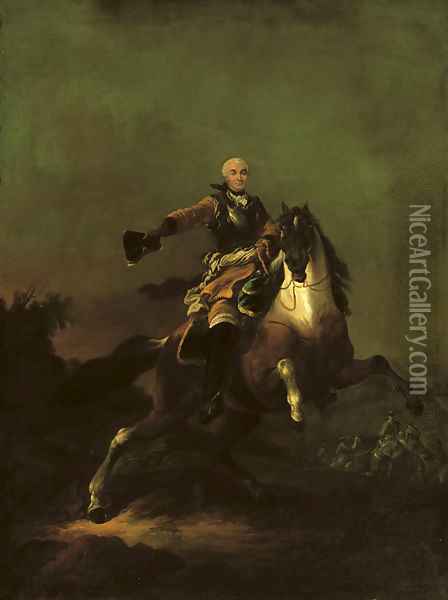 A soldier, said to be Hermann Moritz, Count of Saxony (1696-1750), in armour and ochre coat, on a rearing horse in a hilly landscape, cavalry beyond Oil Painting - Francesco Giuseppe Casanova