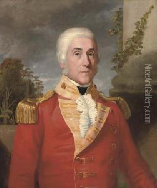 Portrait Of Major General George
 Wahab (1752-1808), Half-length, In The Uniform Of Colonel Of The 17th 
Madras Native Infantry, By A Pillar In An Exotic Landscape Oil Painting - Thomas Hickey