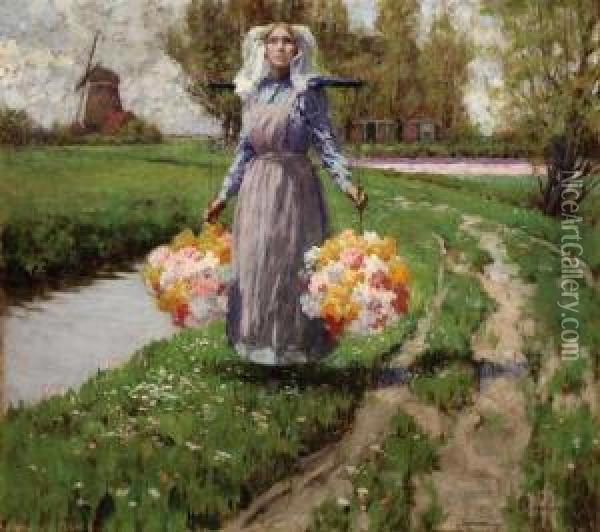 Young Maiden With Flowers Oil Painting - George Hitchcock