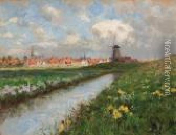 Dutch Landscape With Daffodils Oil Painting - George Hitchcock