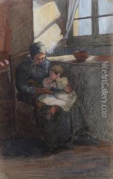 Woman And Child In An Interior Oil Painting - George Hitchcock
