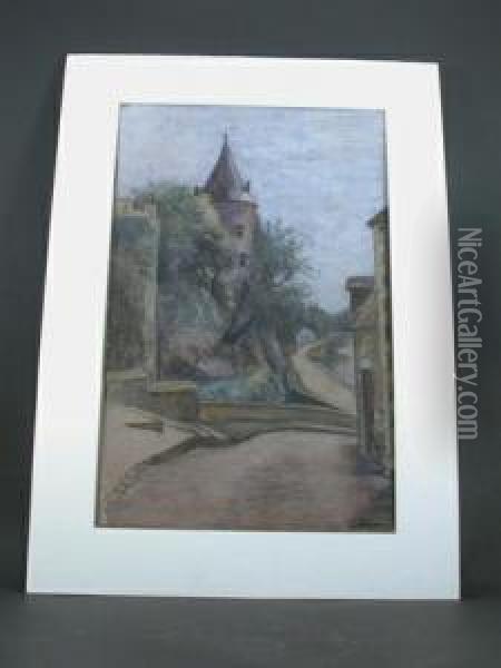 Pastel On Paper Of Aeuropean Village Scene With Tower Oil Painting - George Hitchcock