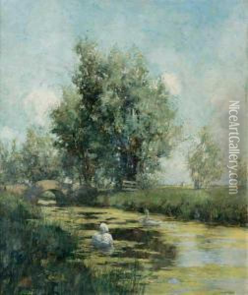 Swans By The Bridge, Holland Oil Painting - George Hitchcock