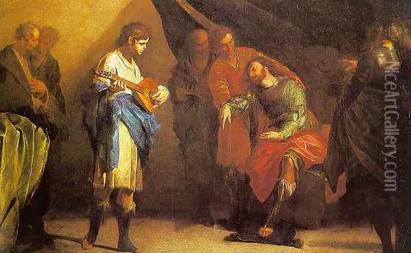 David Playing before Saul 1645 Oil Painting - Bernardo Cavallino