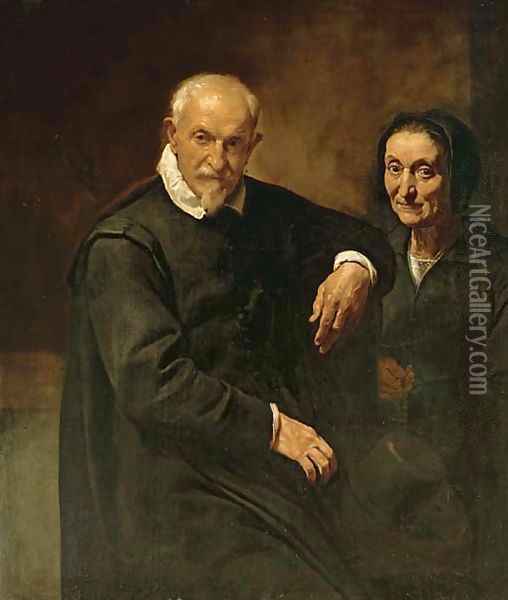 Portrait of a seated gentleman and a lady holding a rosary Oil Painting - Simone Cantarini (Pesarese)