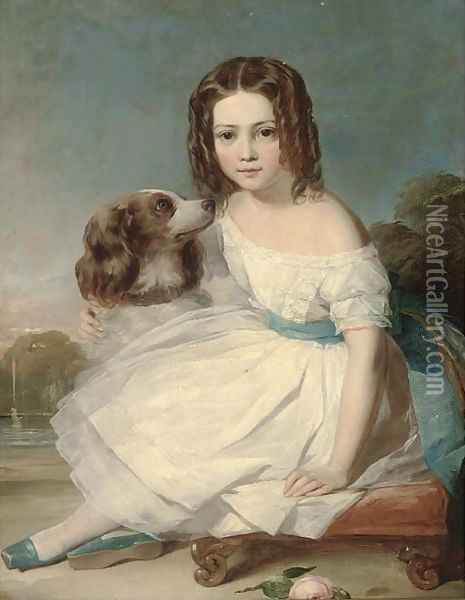 Portrait of a girl, seated full-length, in a white dress, stroking a spaniel, a fountain beyond Oil Painting - Margaret Sarah Carpenter