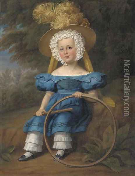 Portrait of a boy, seated full-length, in a blue dress and feathered hat, holding a hoop, in a landscape Oil Painting - Margaret Sarah Carpenter