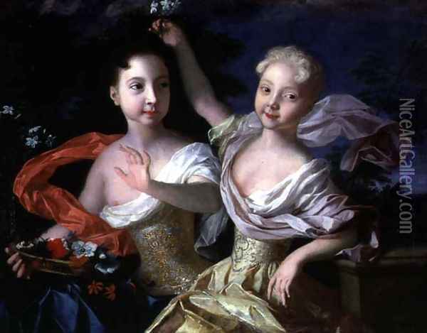 Portrait of the Princesses Anna Petrovna (1708-28) and Elizabeth Petrovna (1709-62) 1717 Oil Painting - Louis Caravaque