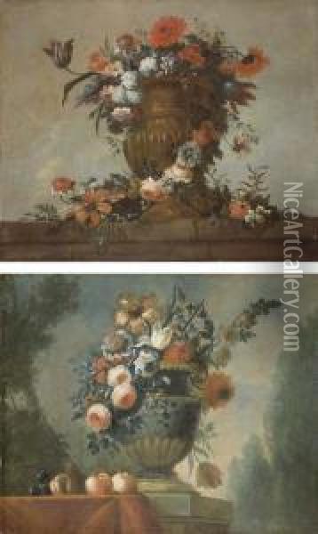 Urne Remplie De Fleurs Posee Sur Un Entablement Oil Painting - Pierre-Nicolas Huillot