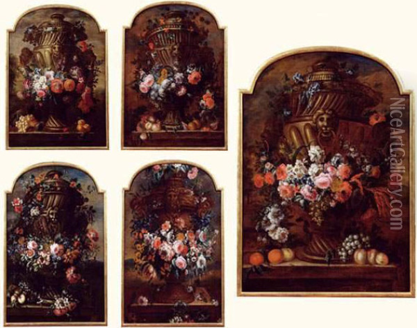 Urnes De Fruits Et Fleurs Dans Un Paysage. 5 Toiles Oil Painting - Pierre-Nicolas Huillot