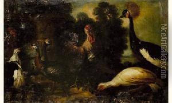 Coqs, Paon Et Pintades Pres D'une Vasque Dans Un Parc Oil Painting - Pierre-Nicolas Huillot