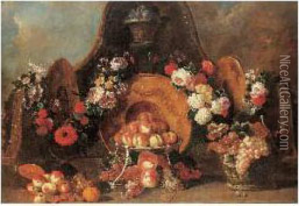 Peches Et Raisins Avec Des Guirlandes De Fleurs Sur Un Entablement Oil Painting - Pierre-Nicolas Huillot
