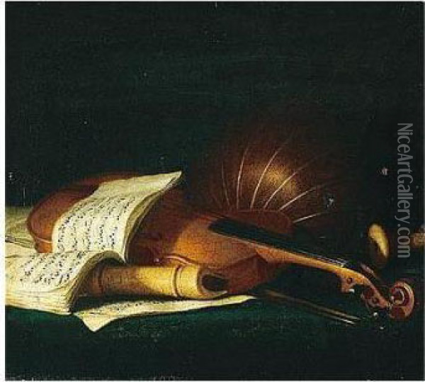 Still Life Of A Violin And Bow, 
Together With A Recorder, A Lute And An Open Music Score Upon A Table 
Top Oil Painting - Pierre-Nicolas Huillot