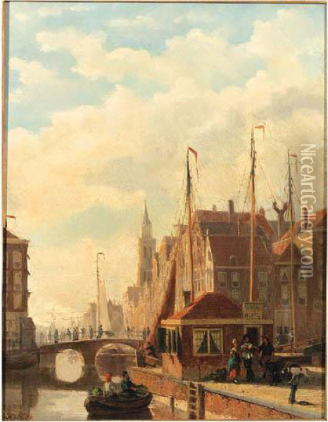 A View Of Meppel With Figures Standing Near A Tollhouse Oil Painting - Johannes Frederik Hulk, Snr.