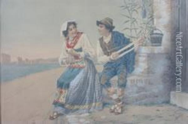 A Young Couple With Yarn Oil Painting - Filippo Indoni