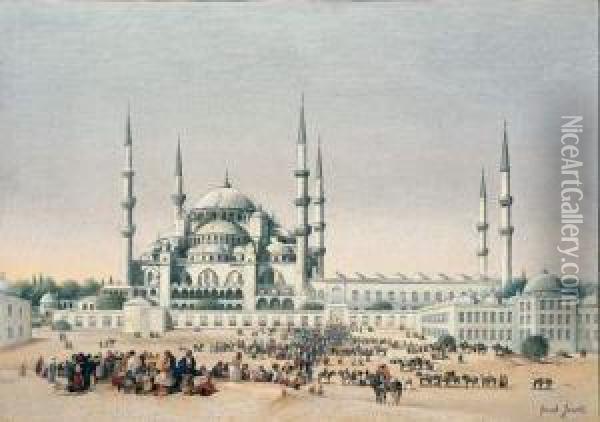 Foule Devant La Mosquee Sultan Ahmed (istanbul), Vers 1855 Oil Painting - Jacobus Jacobs
