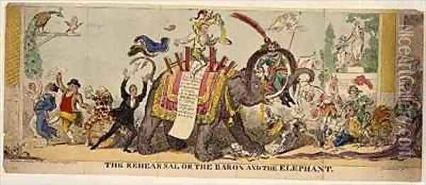 The Rehearsal or the Baron and the Elephant satirical print on Kembles elaborate productions at Covent Garden Theatre involving animals Oil Painting - George Cruikshank I