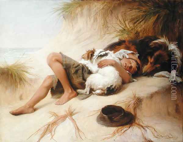 Young Boy Asleep with Dogs, 1905 Oil Painting - Margaret Collyer