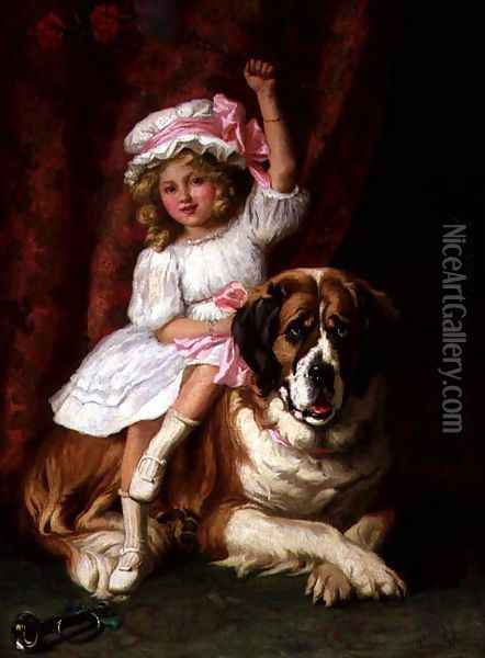 A young girl on the back of a St. Bernard Dog, 1909 Oil Painting - Margaret Collyer