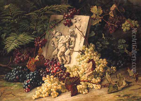 A stone Relief depicting the drunken Silenus amidst Grapes Oil Painting - Jean Capeinick