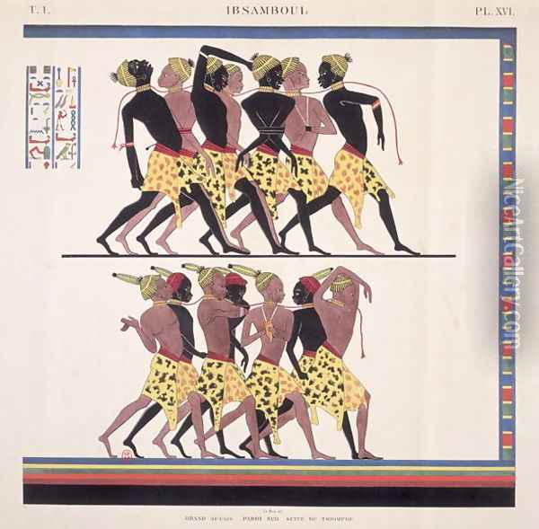 Interpretation of the frescoes at Ibsambul depicting Nubian slaves, from 'Monuments de l'Egypte et de la Nubie' c.1835 Oil Painting - Jean Francois Champollion