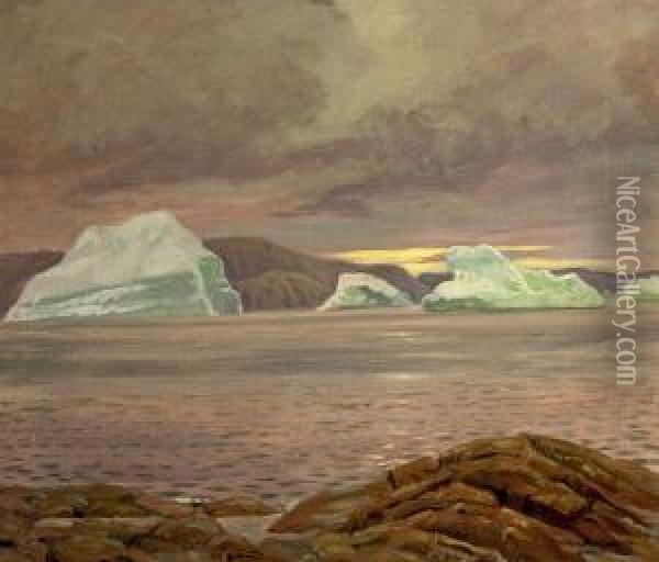 Icebergs By Upernavik, View From Greenland. Signed Luplau Janssen Upernavik 1925 Oil Painting - Luplau Janssen