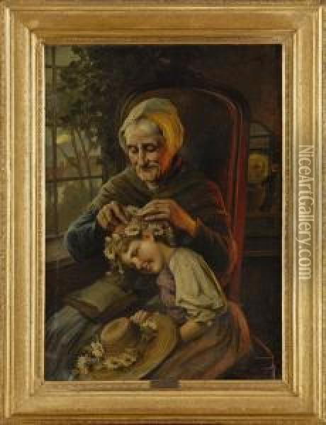 Schmuckung Der Enkelin. Oil Painting - Rudolph Jelinek