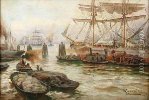 Hamburger Hafen Mit Grossegler Die Entladen Werden Oil Painting - Alfred Jensen