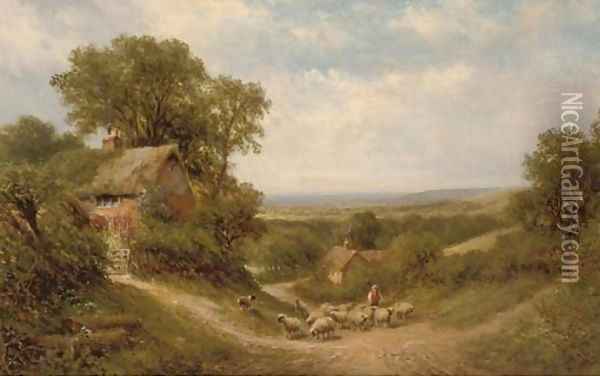A drover and his flock on a Surrey lane Oil Painting - Walter Wallor Caffyn
