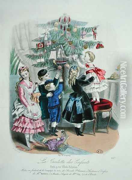 Decorating the Christmas Tree, advertisment for 'La Toilette des Enfants', 1872 Oil Painting - Codouze, Isabelle