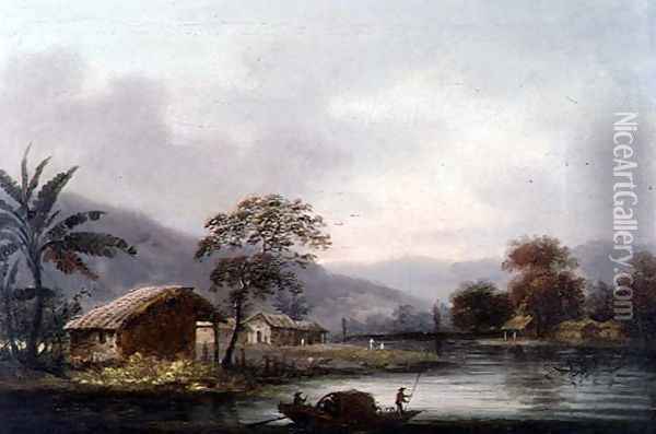 Figures Guiding a Sampan Round a Bend in a River, Past a Village Oil Painting - George Chinnery