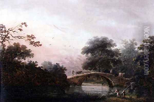 Drovers Guiding Cattle Over a Bridge Oil Painting - George Chinnery