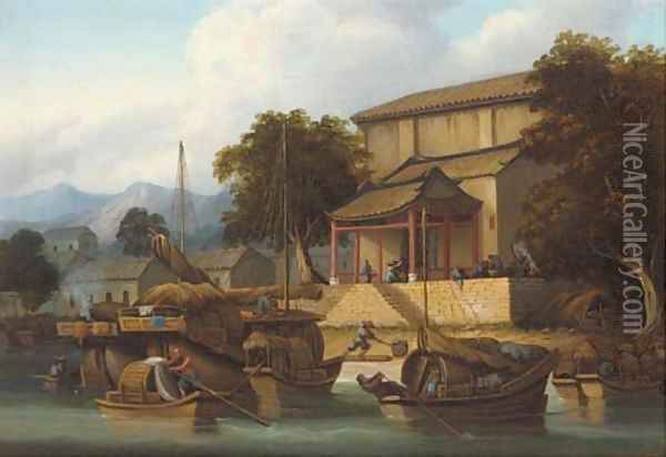 Sampans and junks on a Chinese river Oil Painting - George Chinnery