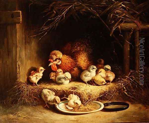 Hen with her Chicks, 1867 Oil Painting - Andrea Cherubini