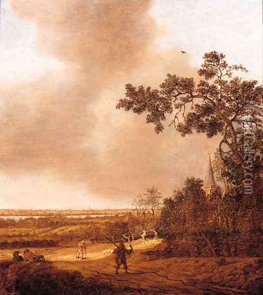 A falconer and travellers on a path in the dunes, a town in the distance Oil Painting - Anthony Jansz van der Croos