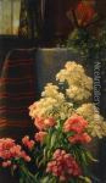 Interior Scene With Still Life Of Pink And Whitehydrangeas Oil Painting - John Ross Key