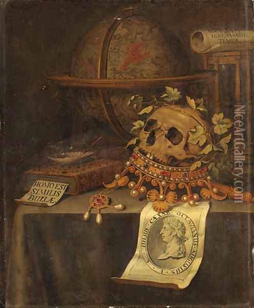 A Vanitas Still Life with a Skull in a jewelled Crown, an astrological Globe, an Hourglass, a Book Oil Painting - Edwaert Collier